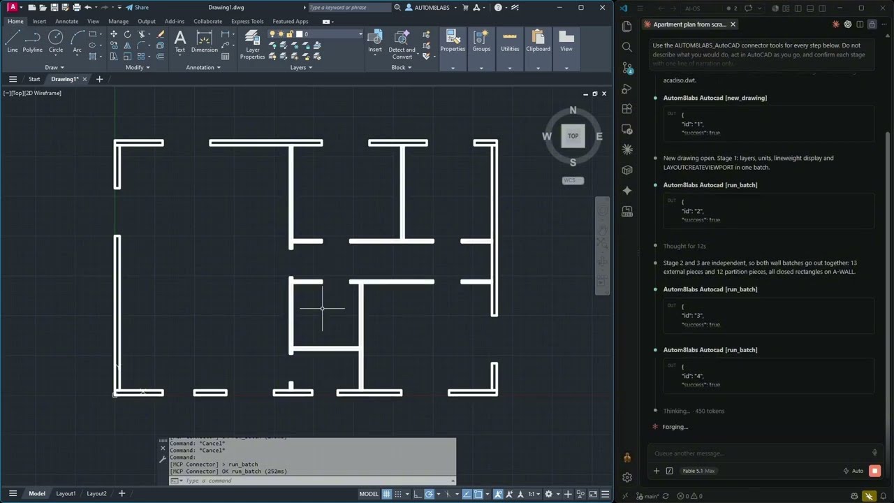 AutoCAD on the left, the AI assistant working through the connector on the right
