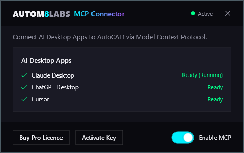 MCP Connector window in AutoCAD showing Claude Desktop, ChatGPT Desktop and Cursor as ready